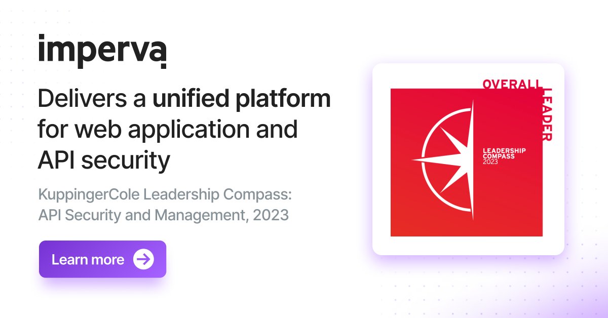 Pam Murphy (@pammurphyintech) on Twitter photo .<a href="/Imperva/">Imperva, a Thales company</a> is recognized as an Overall Leader in the @KuppingerCole Leadership Compass for API Security & Management.
We’re proud to offer our customers a market-leading solution for discovering, monitoring, and securing all APIs. .<a href="/Imperva/">Imperva, a Thales company</a> is recognized as an Overall Leader in the @KuppingerCole Leadership Compass for API Security & Management.
We’re proud to offer our customers a market-leading solution for discovering, monitoring, and securing all APIs.