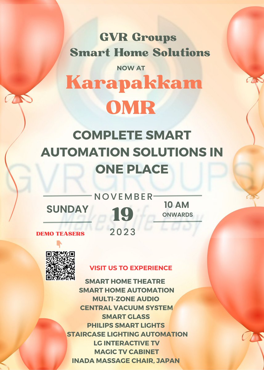 GVRGROUPS's tweet photo. We GVR Groups are very HAPPY &amp; THRILLED to invite you to the grand opening of our 3rd Experience Centre at Chennai - Karapakkam,OMR! Join us for an immersive showcase of Smart Home Theatre and Home Automation Solutions.
Date: November 19th, Sunday
Time: 10 am onwards https://t.co/qyNSRm6ot6