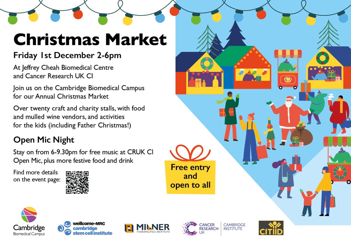 We're so excited to be hosting our 2nd Annual Christmas Market on the <a href="/CamBioCampus/">Cambridge Biomedical Campus</a> on Fri 1 December, 2pm-6pm.
All are welcome to join us for craft and charity stalls, food and drink, Santa, Children's crafts and more! 
Find more info and keep up to date: stemcells.cam.ac.uk/events/christm…