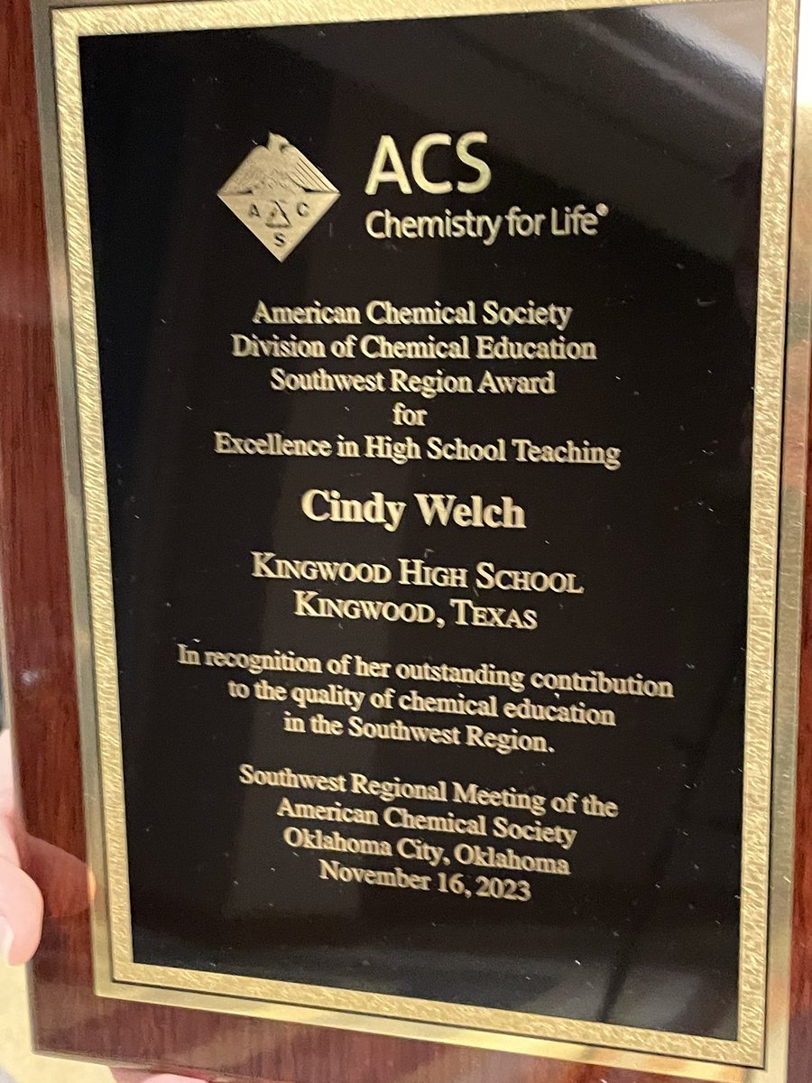 I was honored to have received the Excellence in High School teaching award last night from the Southwest Region of ACS. <a href="/HumbleISD_KHS/">Kingwood High School</a>