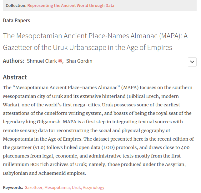 Journal of Open Humanities Data (JOHD) (@up_johd) on Twitter photo #johdpapers
Another #datapaper published in our special collection about #AncientWorldData 📜🔎
📰"The Mesopotamian Ancient Place-Names Almanac (MAPA): A #Gazetteer of the Uruk Urbanscape in the Age of Empires"
✍️ Shmuel Clark & <a href="/ShGordin/">Shai Gordin</a>
👉doi.org/10.5334/johd.1…
#Assyriology #johdpapers
Another #datapaper published in our special collection about #AncientWorldData 📜🔎
📰"The Mesopotamian Ancient Place-Names Almanac (MAPA): A #Gazetteer of the Uruk Urbanscape in the Age of Empires"
✍️ Shmuel Clark & <a href="/ShGordin/">Shai Gordin</a>
👉doi.org/10.5334/johd.1…
#Assyriology