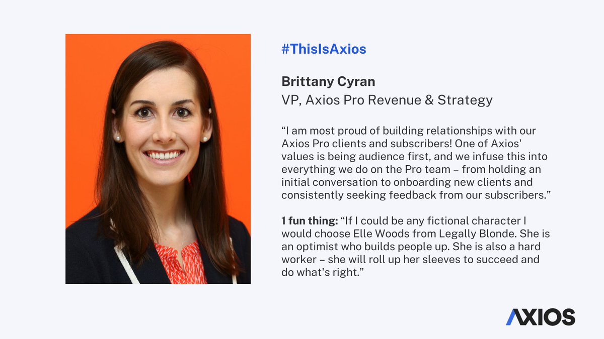 AxiosComms's tweet photo. ⭐️ Introducing @brittcyran!

Check in every Friday to get to know a new member of the Axios team.

#ThisIsAxios https://t.co/tH0HnZnR2t