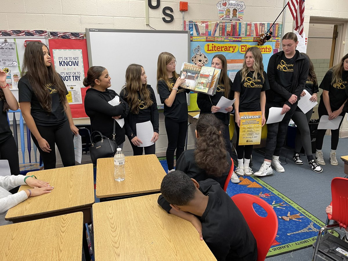 RLSD_Beavers's tweet photo. The Riverside Campus Culture Creators, made up of 8th &amp; 9th graders, visited Melridge Elementary to discuss how we can act with determination, which is one of the behaviors listed on our Culture Playbook. 

Great collaboration between all the students involved.

#WeAreRiverside https://t.co/N7LiENMUSy