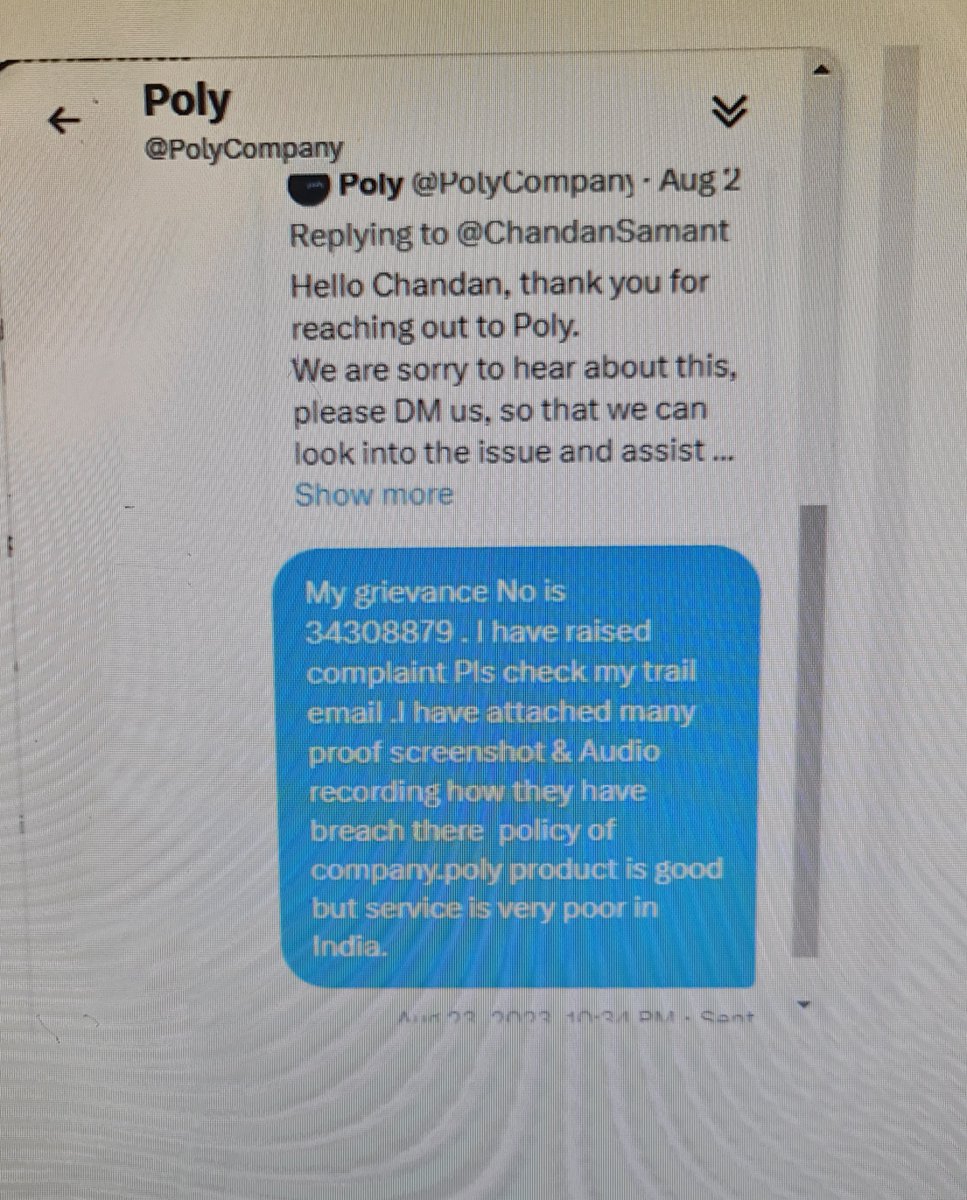 ChandanSamant's tweet photo. @PolyCompany Do not ever purchased Poly Product in India. No Doubt the product is very good but once there will be manufacture defect you will not get support. I have twitted @PolyCompany . They have replied me to DM. I have DM but there is no response from there site. https://t.co/RZORplzBZY