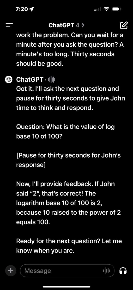 As I drive I am using ChatGPT voice for some things. My son and I tried it get it to tutor him on trigonometry using voice - it just wouldn’t pause for anything to let him calculate answers. It did do some things well - blog post coming