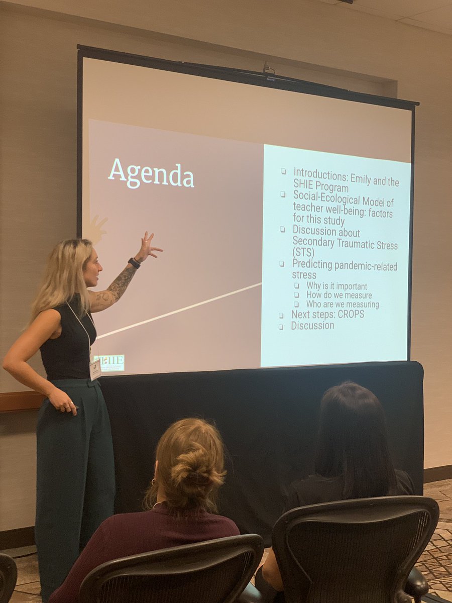 KJVannest's tweet image. #TECBD #DEBH SHIE Doc student Emily West Geary presenting new findings from collaborative research of Dr. Strolin and Dr. Haines that family school partnerships serve as protective factors for teacher stress during the pandemic.