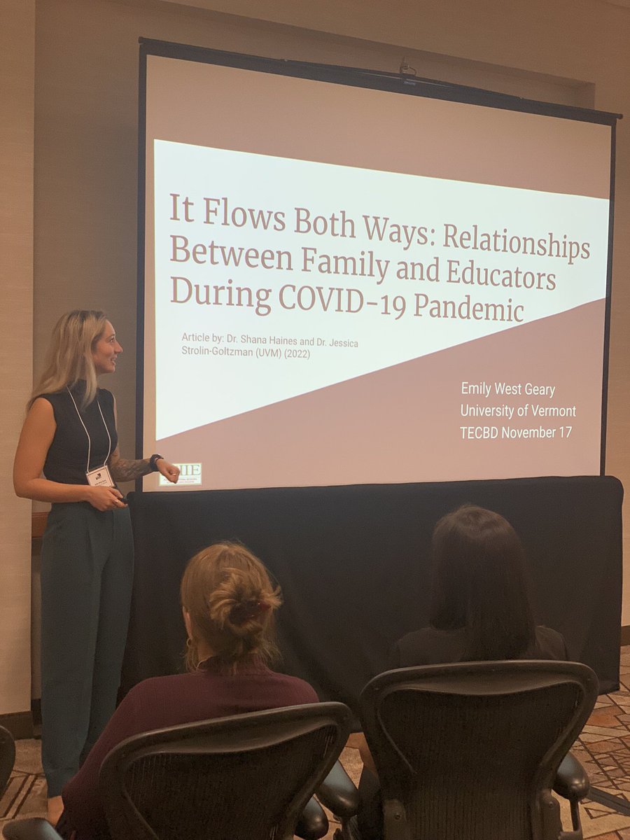 KJVannest's tweet image. #TECBD #DEBH SHIE Doc student Emily West Geary presenting new findings from collaborative research of Dr. Strolin and Dr. Haines that family school partnerships serve as protective factors for teacher stress during the pandemic.