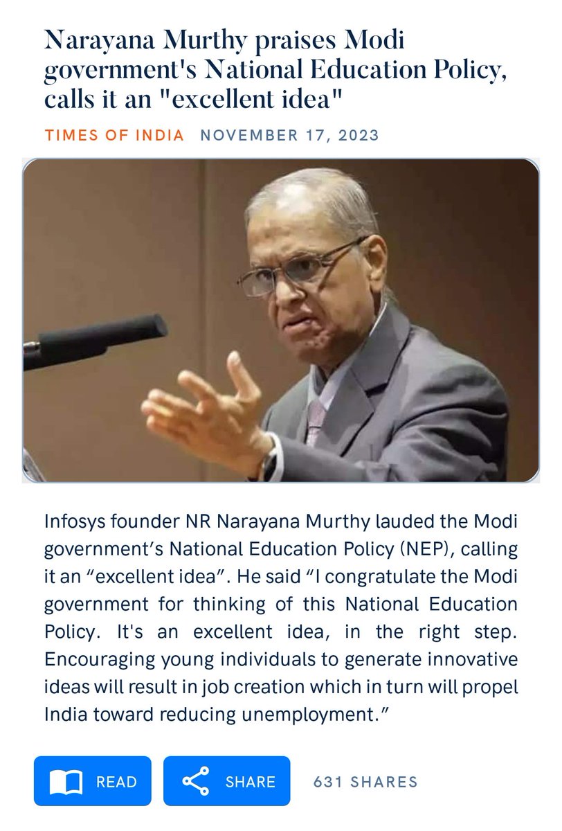IndiaGrowth2047's tweet photo. #NarayanaMurthy Murthy praises #Modi government's National Education Policy, #NEP calls it an "excellent idea".
#ForwardStep
https://t.co/u0Ry87qk3O https://t.co/YhaknPTLZL
