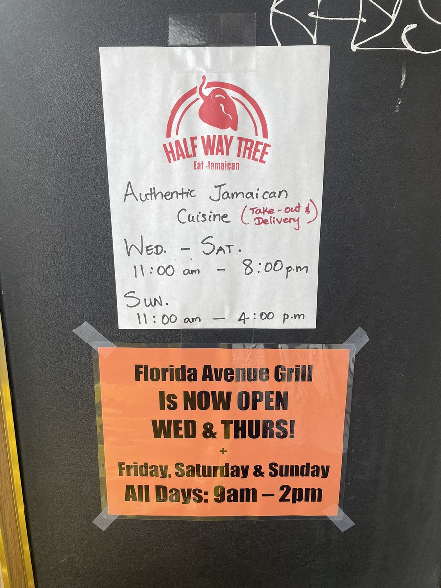 .<a href="/FloridaAveGrill/">Florida Avenue Grill</a> is NOW OPEN WEDNESDAYS &amp; THURSDAYS + FRI, SAT &amp; SUN from 9am - 2pm! Stop by and patronize us and our sister restaurant #HalfwaytreeDC!

Also we now are accepting Delivery Orders via Door Dash and other apps! Link below…
doordash.com/store/half-way…