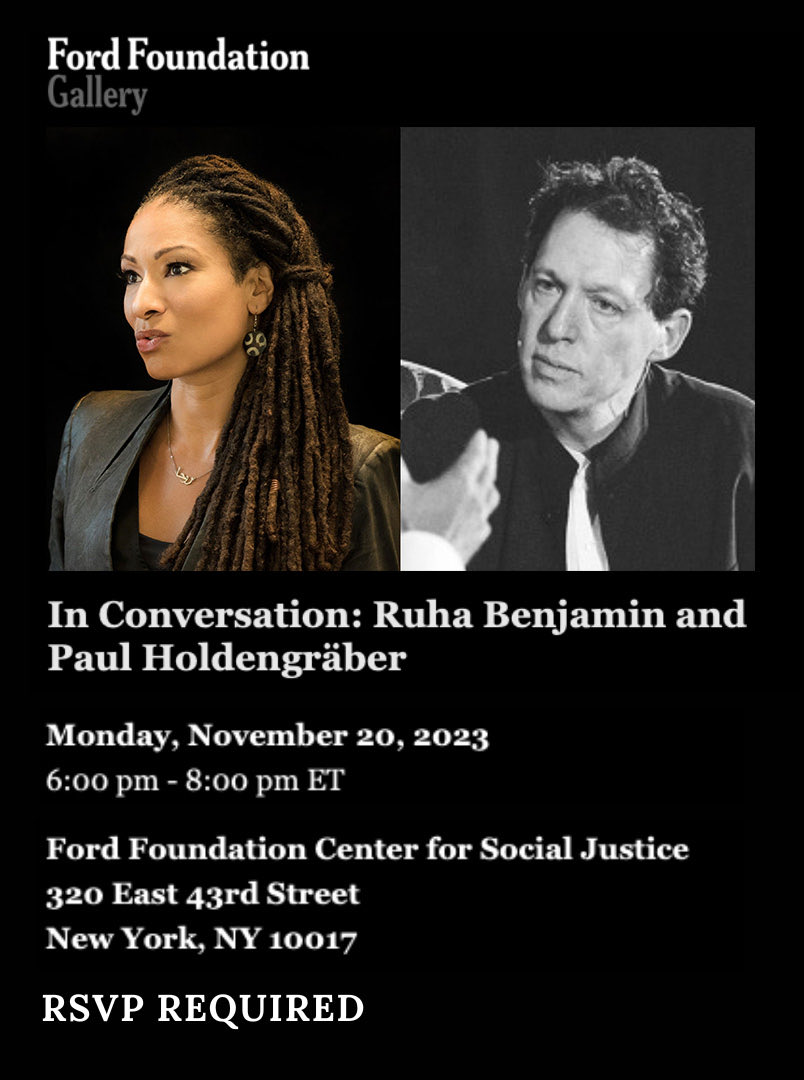 💥 THRILLED to be in conversation with ⁦@ruha9⁩ Monday, November 20 back in NYC! JOIN US .⁦@FordFoundation⁩ ⁦@Ford_Gallery⁩ & co-presented by ⁦@Occidental⁩ ⁦@OxyArts⁩ Info & Reservations: ⤵️ …onversationruhaandpaul.splashthat.com