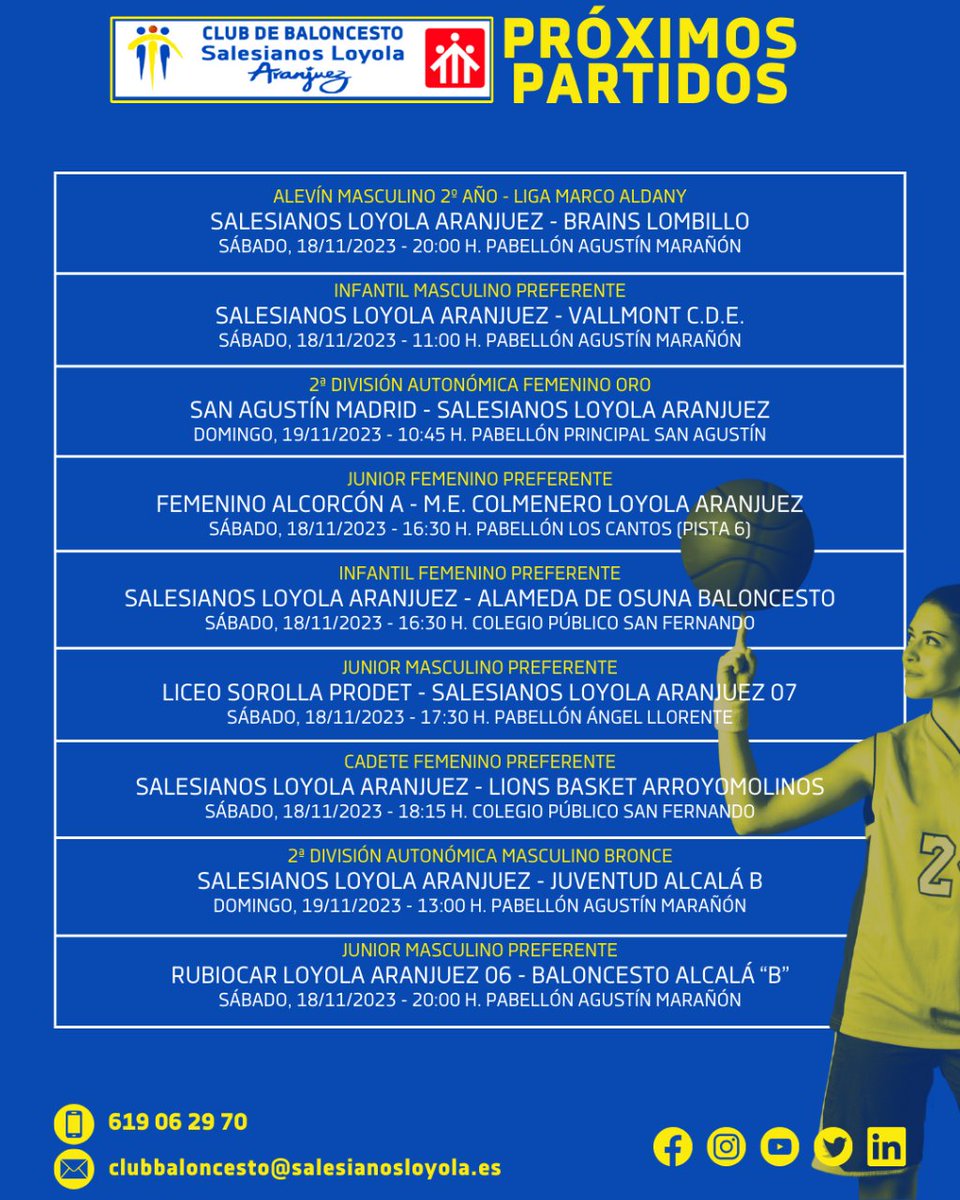 aranjuezspartan's tweet photo. Aquí tenéis los partidos de este fin de semana 🏀💪
#123Loyola #Club #Baloncesto #Salesianos #Loyola #Aranjuez #Rubiocar #SolucionesCriogenicas #MEColmenero #LaGlorietaInmuebles https://t.co/XHPMKpXPRE