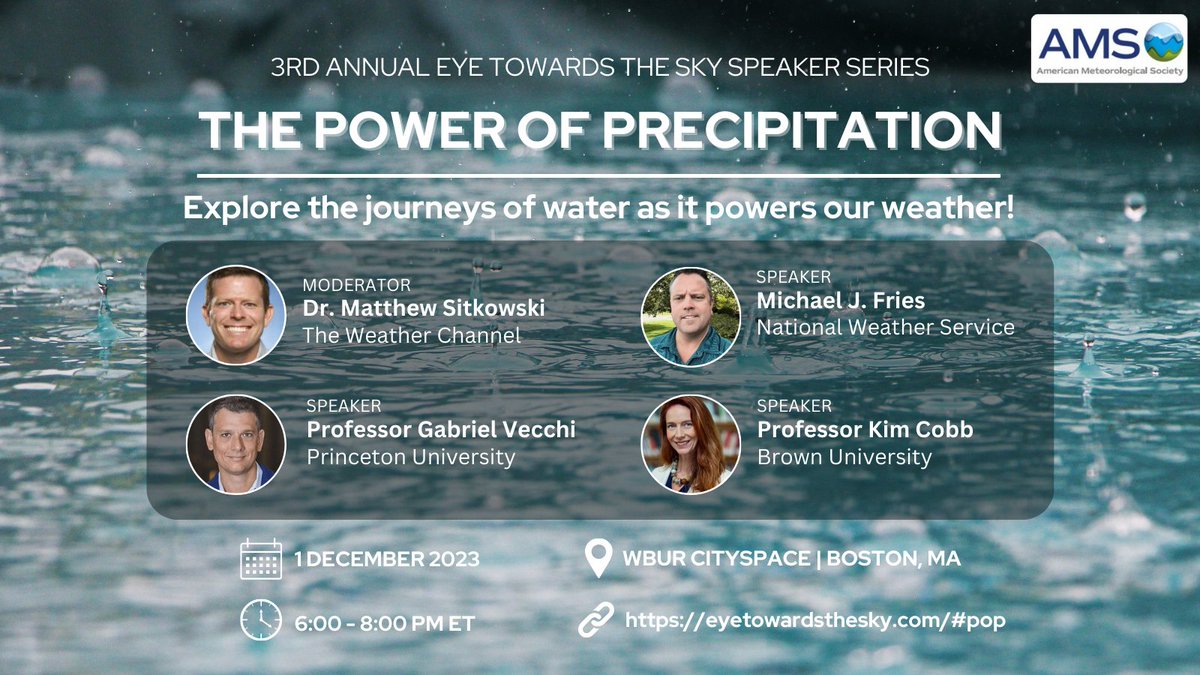 Join us on Friday, 1 Dec at @WBURCitySpace for an evening of weather wonders. Discover how water shapes our weather while connecting with professionals and weather enthusiasts! Visit eyetowardsthesky.com/#pop to learn more and register today! #WeatherScience #PowerOfPrecipitation