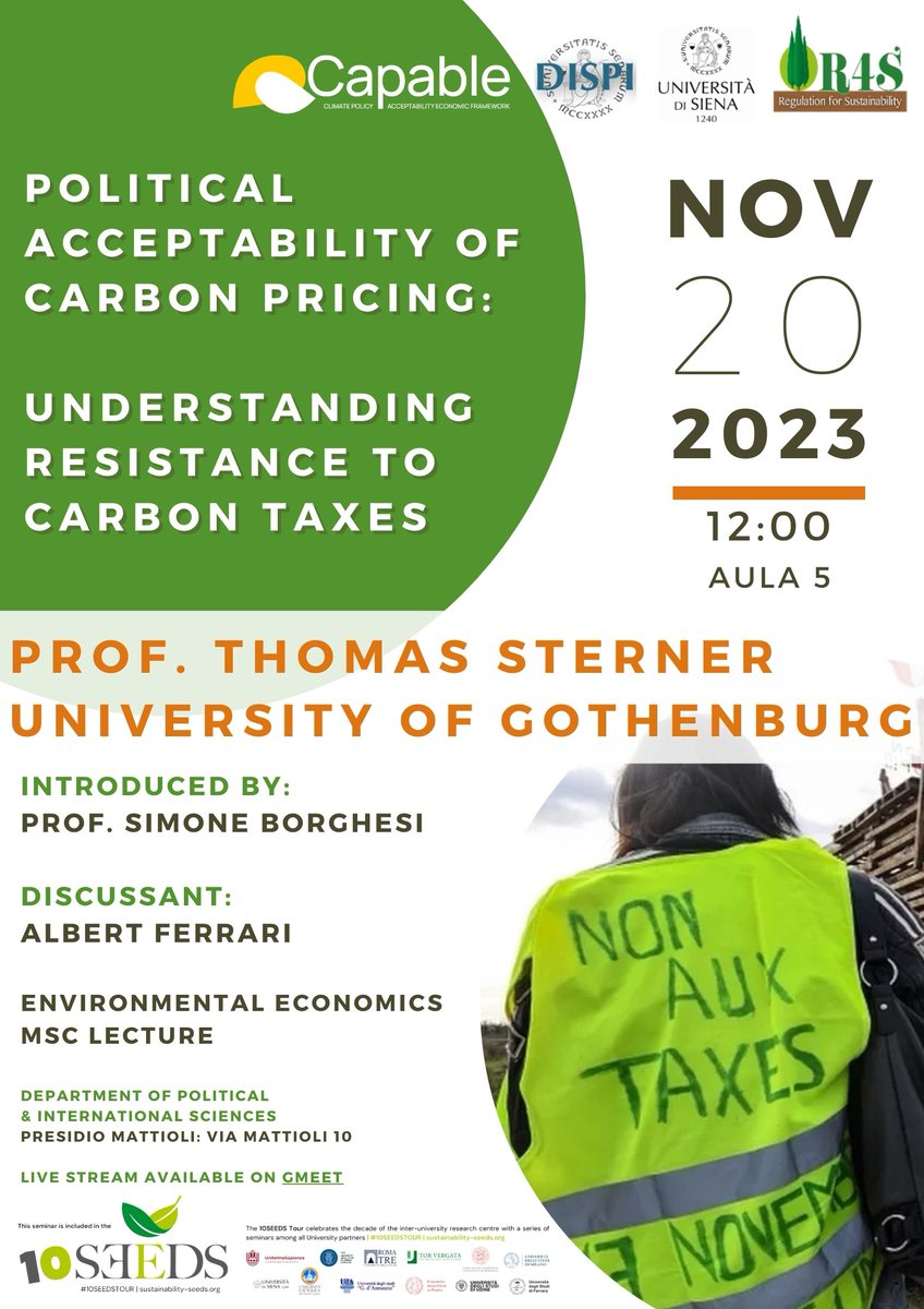 On next Monday 20th, prof. Thomas Sterner will discuss resistance to carbon taxes with @borghesi_simone and @Albert_Ferrari_ , including existing drivers and barriers among the general public and fuel-tax protesters... 🖥️Stream it live at 12:00 CET : meet.google.com/swd-cdfd-eea