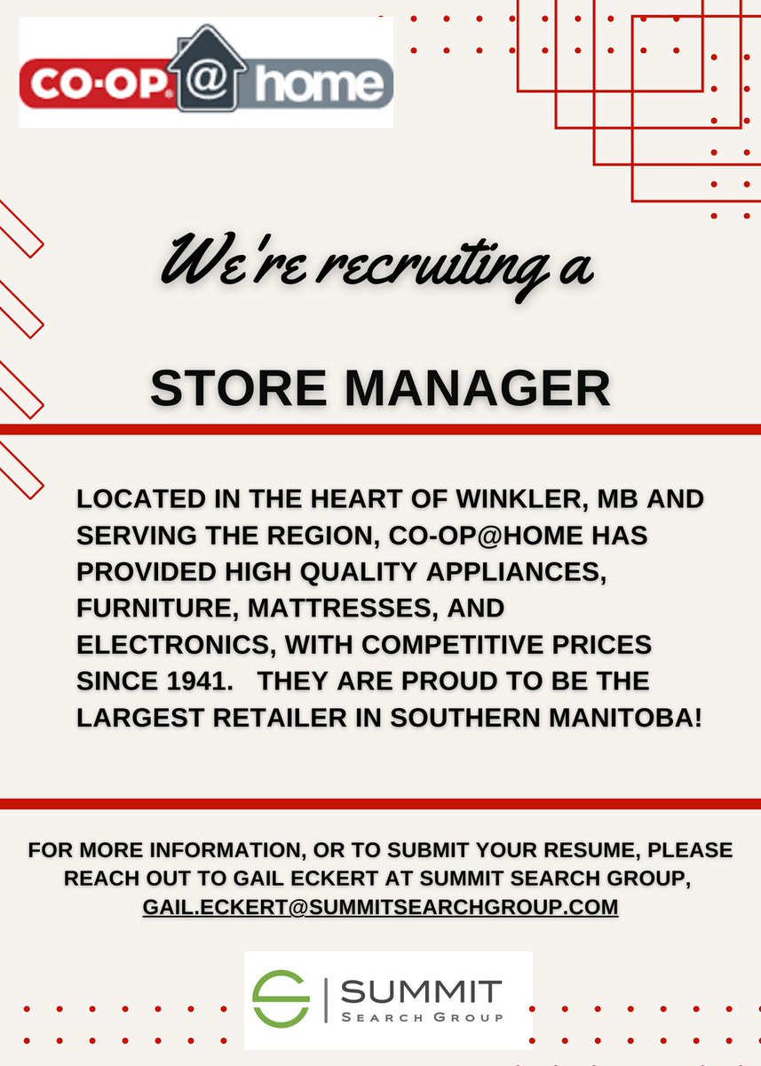 The largest #retail store in Southern #Manitoba,  the Co-op@Home store (owned by Winkler Co-op) is hiring a Store Manager.

If 2024 is bringing change, I'd love to connect!

#NewYearNewCareer #2024goals