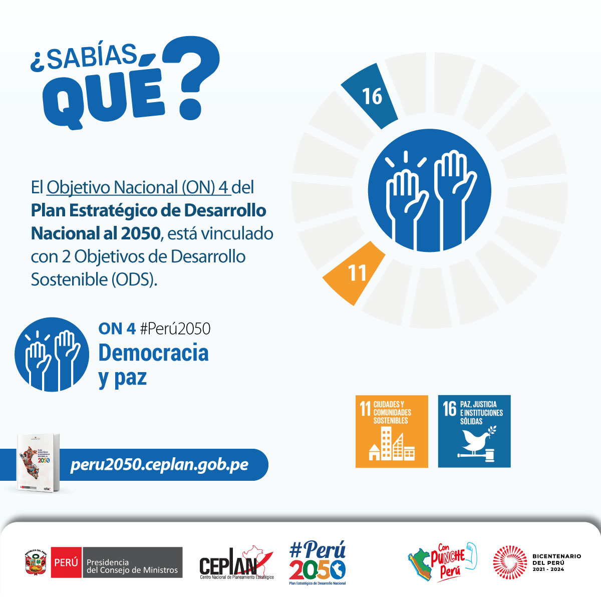 CEPLAN2050's tweet photo. El 📗 Plan Estratégico de Desarrollo Nacional #Perú2050  considera la #Democracia y la #Paz como uno de sus objetivos nacionales, que tiene relación con los #ODS de la #Agenda2030.

⬇ Descarga y conoce más 👉 https://t.co/ISQQBLJ4at https://t.co/5e9IOni2nq