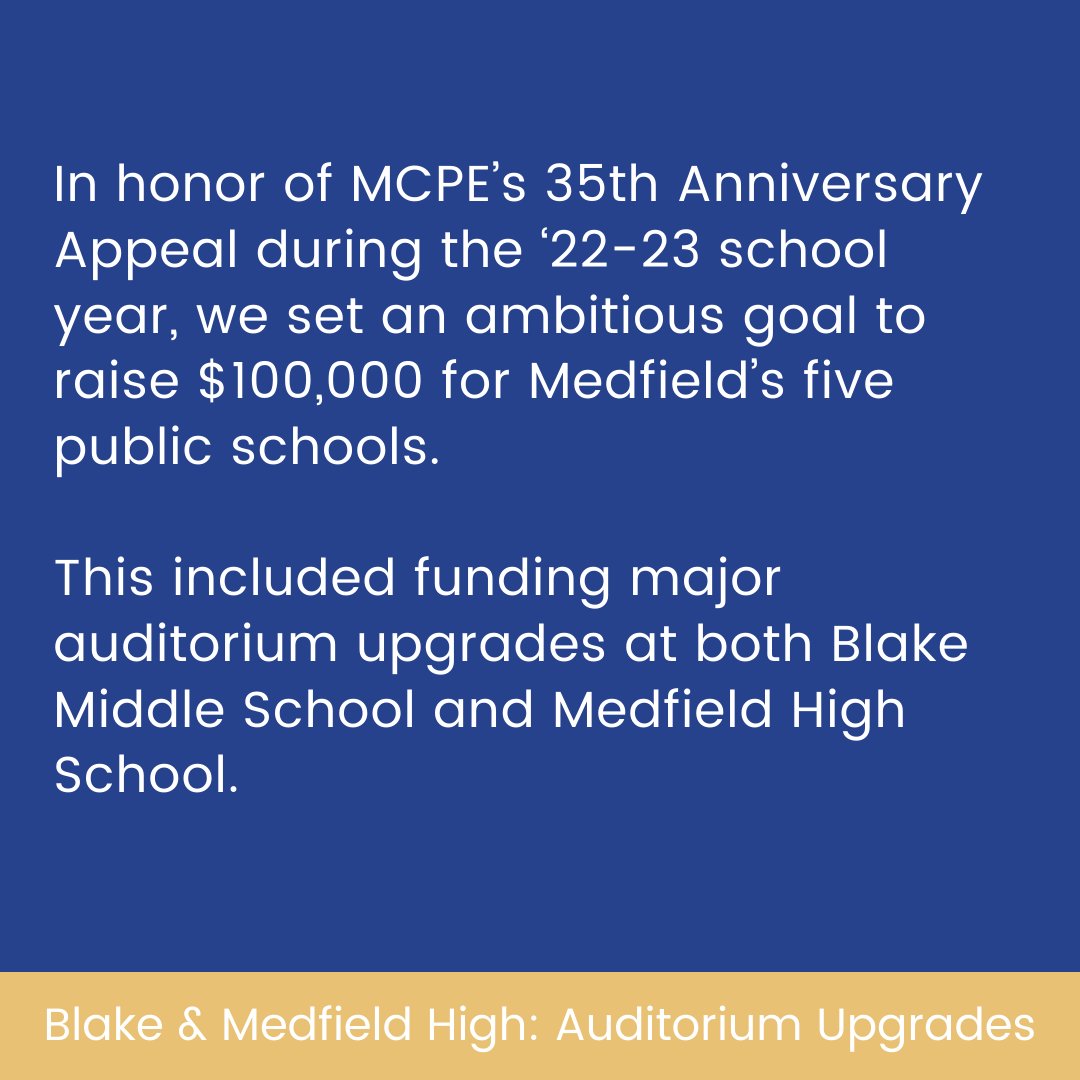 MCPE_Medfield's tweet image. If you’re at the Aladdin or Grease Medfield shows 🎭 this weekend, look out for two 35th MCPE Anniversary Appeal grants in action: new auditorium seating 🪑at Blake, and a new speaker system 🎤🎚 at Medfield High. Enjoy the seats, sound and shows! #medfieldps #bmsed