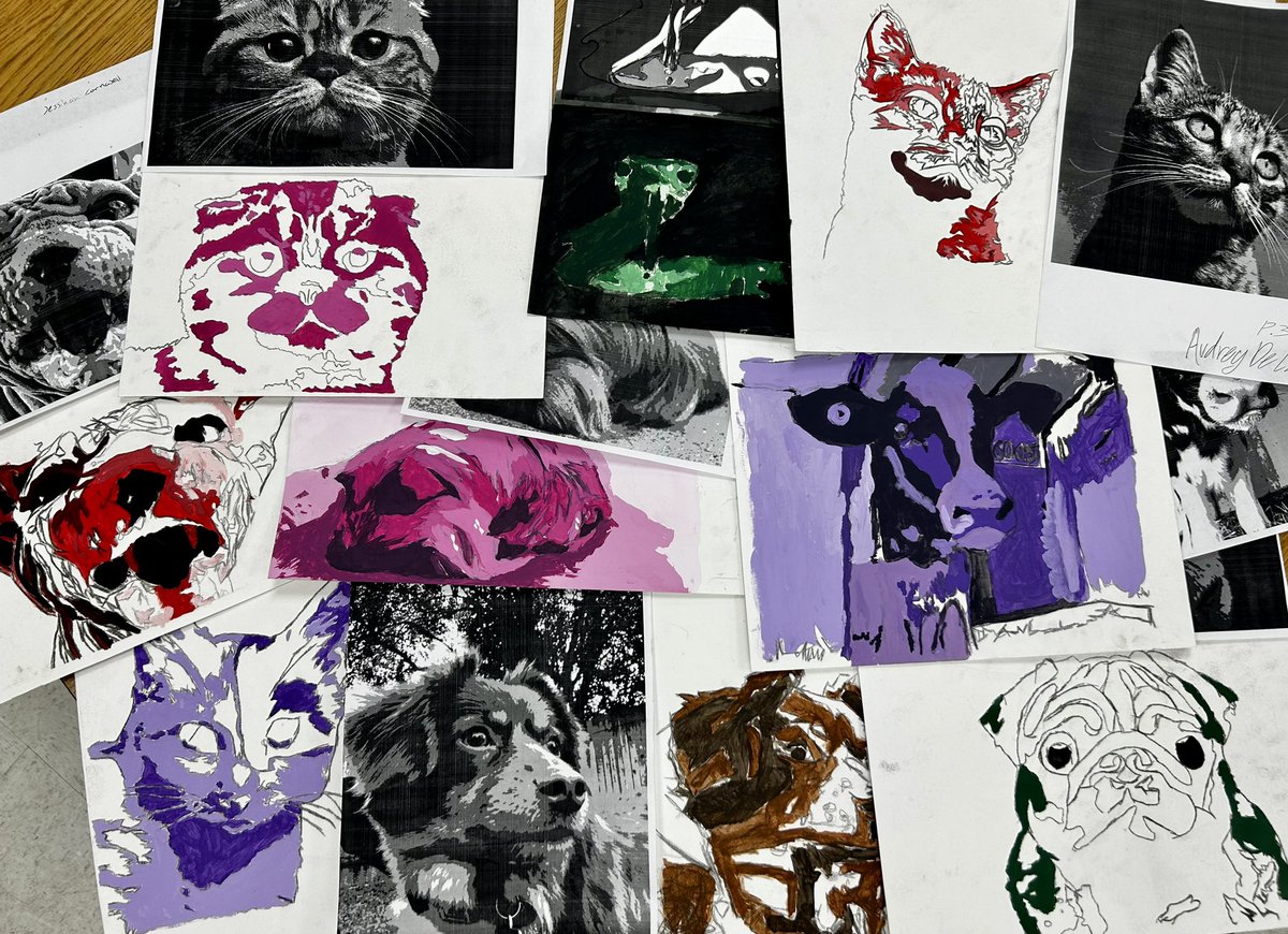 Art 2 color theory pet portraits are just in time for the holidays! I am so proud of my students painting abilities and focus❤️ #artisthebestgift #SkyhawkPride <a href="/NISDStinson/">Stinson MS NISD</a> <a href="/NISD_FineArts/">Northside Fine Arts</a>