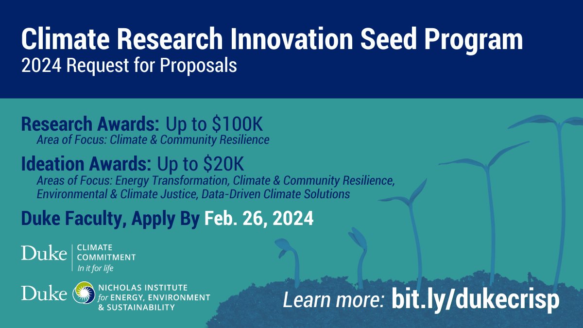 All @DukeU faculty and research staff are invited to submit proposals by Feb. 26 for Climate Research Innovation Seed Program (CRISP) grants, including Research Awards (up to $100K) and Ideation Awards (up to $20K). Learn more: bit.ly/dukecrisp