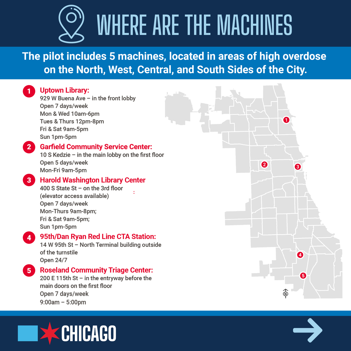 ChiPublicHealth's tweet photo. Today, CDPH is proud to launch the Public Health Vending Machine pilot program! These vending machines, located at 5 locations across Chicago, are part of a strategy to prevent overdose and increase harm reduction resources. https://t.co/PPfOugYtDG