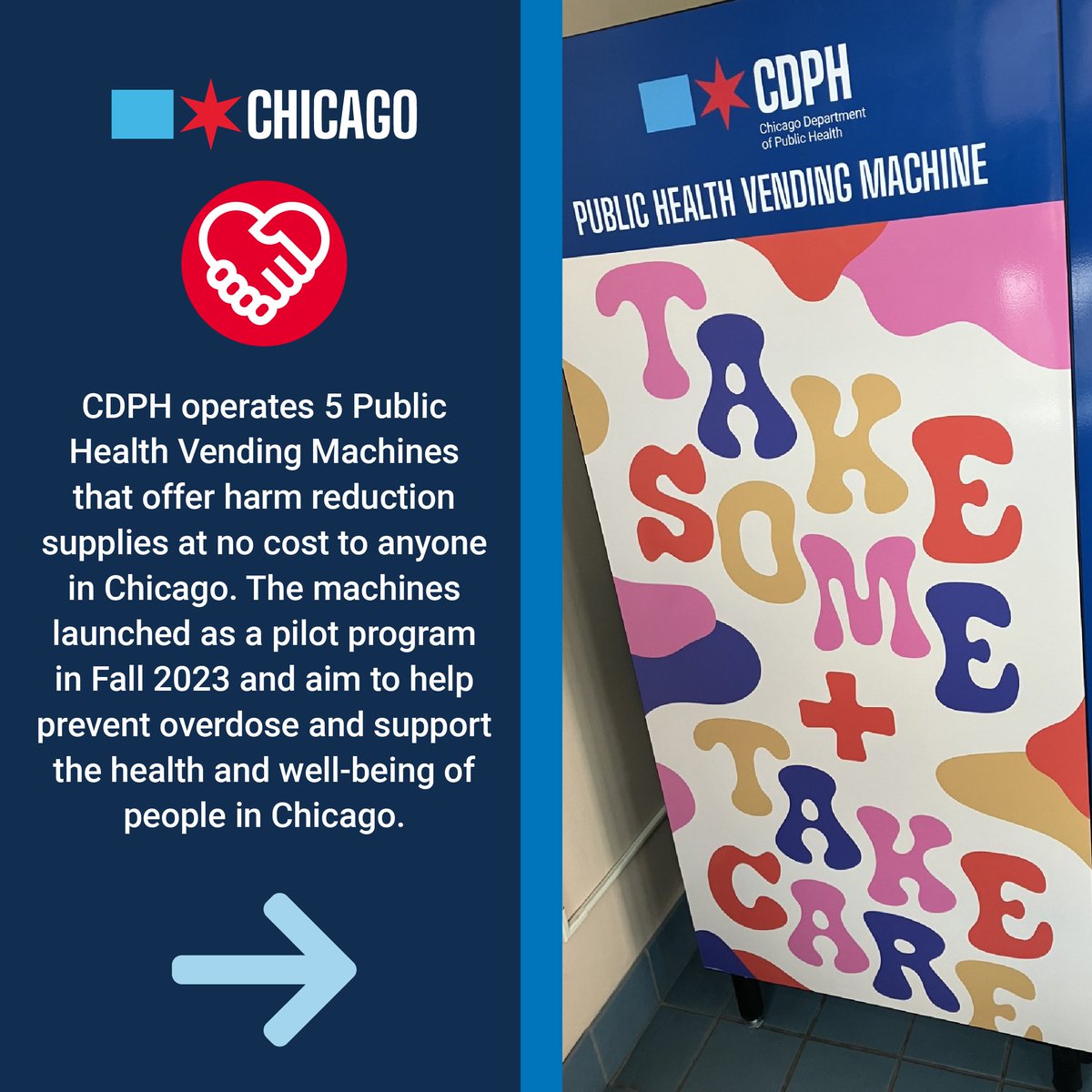 ChiPublicHealth's tweet photo. Today, CDPH is proud to launch the Public Health Vending Machine pilot program! These vending machines, located at 5 locations across Chicago, are part of a strategy to prevent overdose and increase harm reduction resources. https://t.co/PPfOugYtDG