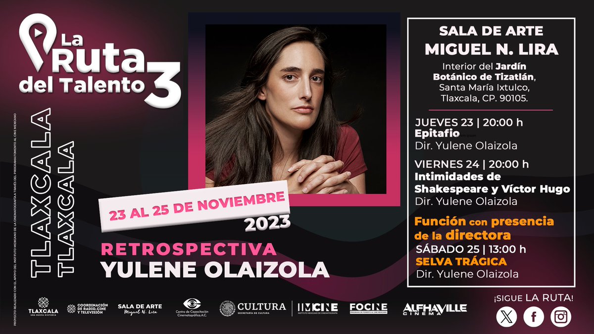 ¡La #RutadelTalento llega a #Tlaxcala! Ahora con la Retrospectiva Yulene Olaizola 🎬 <a href="/YuleneOlaizola/">Yulene Olaizola</a> 
📍Sala Miguel N. Lira     
🎟️ Entrada gratuita