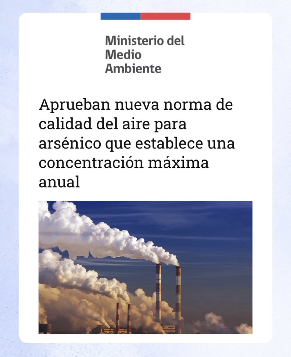MMAChile's tweet photo. 🤩 ¡Se aprobó la nueva norma de calidad de aire para arsénico!  ☁️

‘‘Este es un hito para el país al fortalecer nuestro marco normativo para proteger la salud de las personas’’ dijo la ministra @Maisa_Rojas 🗣️💬

👉🏽 Lee detalles aquí: https://t.co/ZcxIlgaJmL https://t.co/Q3Y0kMtQua
