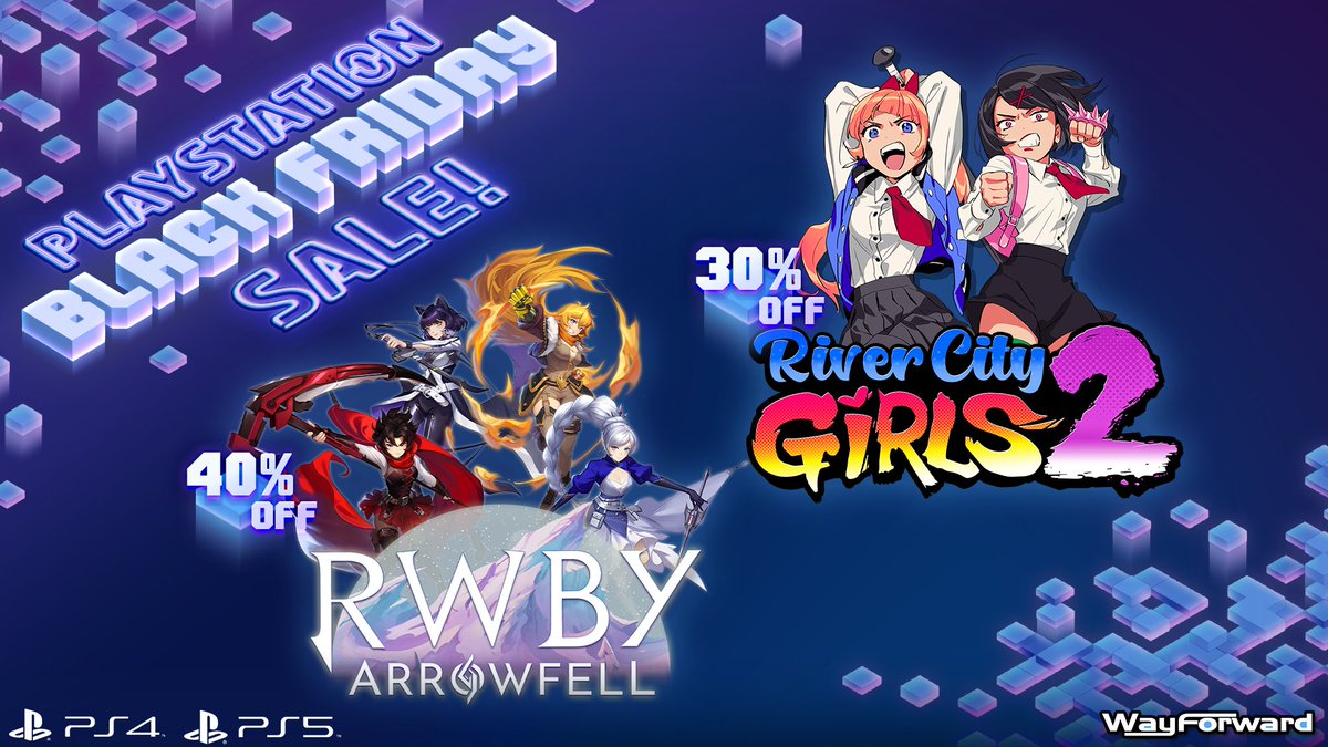 More deals have come to PS4 & PS5 with the Black Friday Sale! Save 30% on the beat-'em-up action of River City Girls 2 and 40% on the platforming adventure of RWBY: Arrowfell - their biggest discounts yet! RCG2: bit.ly/RCG2_PS4PS5 RWBY: bit.ly/RWBY_PS4PS5NA