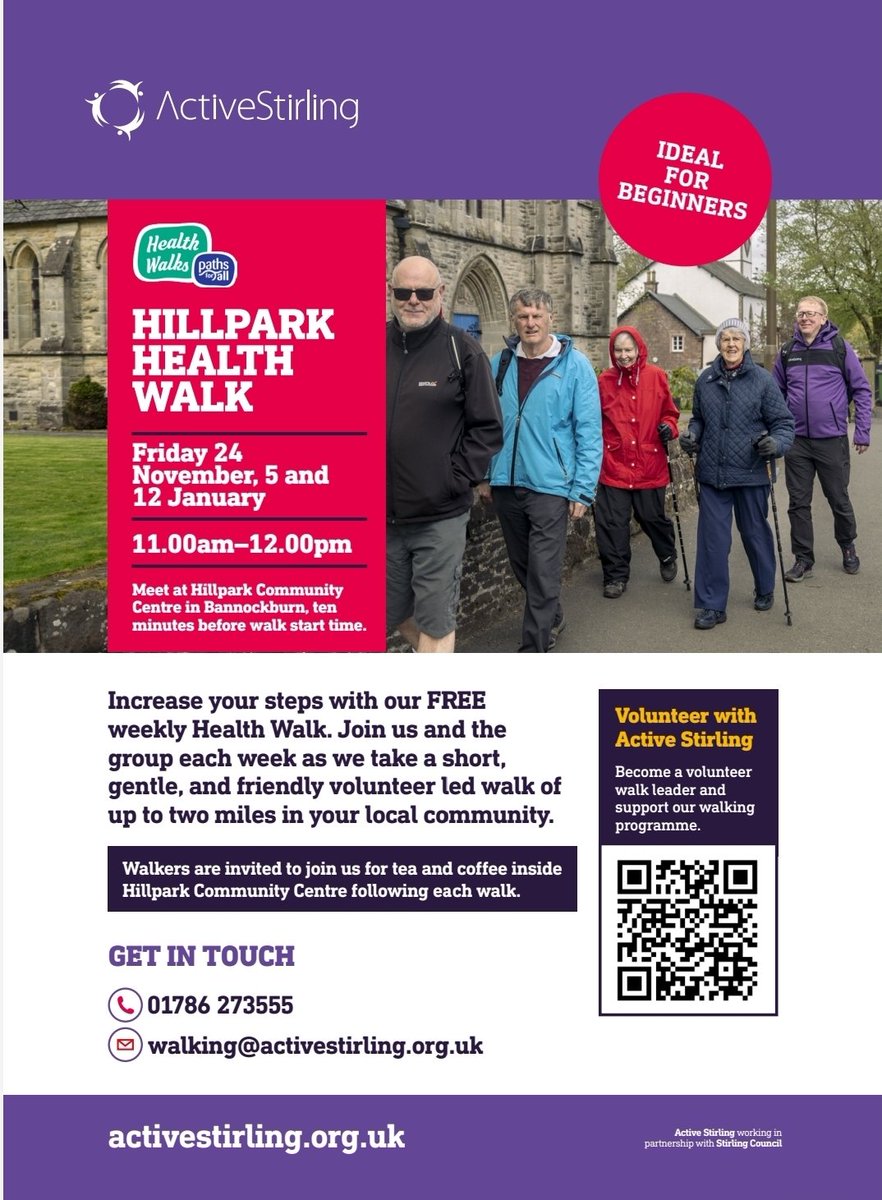 Exciting to trial a new Health Walk in Bannockburn. Few taster dates (see poster below) 
For more info on Active Stirling's other walking groups activestirling.org.uk/classes-progra…
@activestirling1 @PathsforAll #walkingforhealth