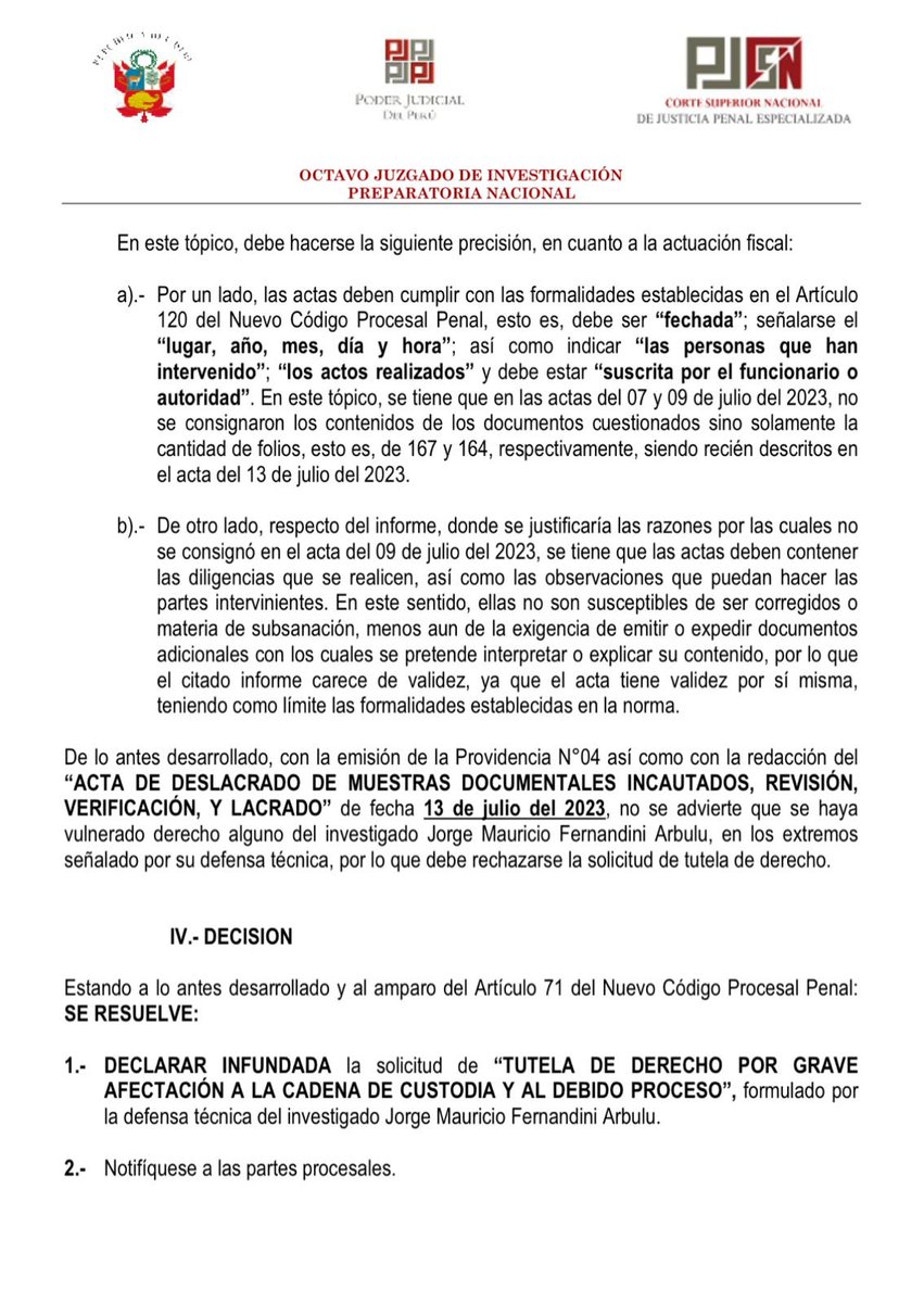 Poder_Judicial_'s tweet photo. #IMPORTANTE| Poder Judicial declara infundada la tutela de derechos solicitada por el periodista #MauricioFernandini, quien en su pedido consideró que hubo afectación a la cadena de custodia de los documentos incautados por la Fiscalía y al debido proceso. Caso: #FondoMiVivienda https://t.co/OcizvpWWbh