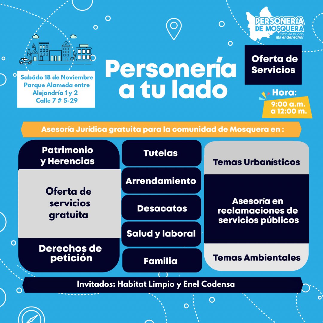 📌¡ AGÉNDATE Y COMPARTE!🥳🏘️
Mañana estaremos en el parque Alameda, con #asesoría jurídica personalizada.

Con asesoría especial en servicios #públicos 💧y 💡👈🏼

Los esperamos! 🤝🏻