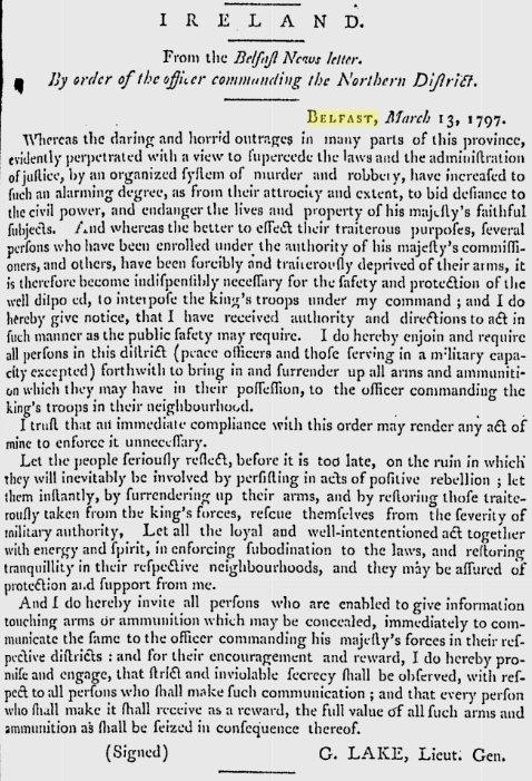 Even in 1797 the belfast newsletter was putting up letters of unionists biased against the nationalist community.

Clearly as the rebellion began next year they didn't find the arms dumps the writer was asking people to give information about to.