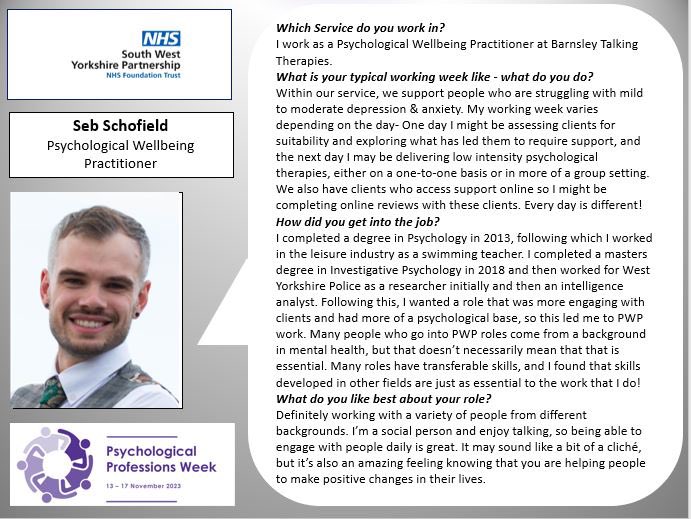 #PsychologicalProfessionalsWeek2023 showcasing the diversity of roles in the South Yorkshire Psychological Professional family 9/17 Seb Schofield <a href="/allofusinmind/">SouthWestYorkshire Partnership NHS FoundationTrust</a> PWP <a href="/NHSSYICB/">NHS South Yorkshire</a> <a href="/SheffChildrens/">Sheffield Children's</a> <a href="/SHSCFT/">Sheffield Health Partnership University NHS FT</a> <a href="/SheffieldHosp/">Sheffield Hospitals</a> <a href="/DBH_NHSFT/">Doncaster and Bassetlaw Teaching Hospitals</a> <a href="/RotherhamNHS_FT/">The Rotherham NHS FT</a> <a href="/rdash_nhs/">RDaSH NHS FT</a>