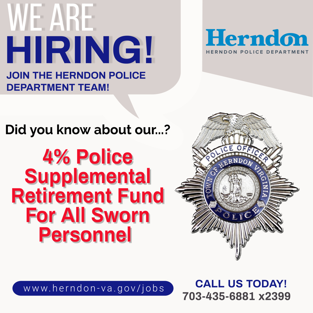HerndonPolice's tweet image. 𝐓𝐡𝐞 𝐓𝐨𝐰𝐧 𝐨𝐟 𝐇𝐞𝐫𝐧𝐝𝐨𝐧 𝐯𝐚𝐥𝐮𝐞𝐬 𝐘𝐎𝐔! Every sworn team member receives 4% of their salary in a supplemental retirement fund. YOU DON'T PAY A DIME. 
Learn more about our benefits by emailing herndonpd.careers@herndon-va.gov.
APPLY TODAY: bit.ly/3MyM91X