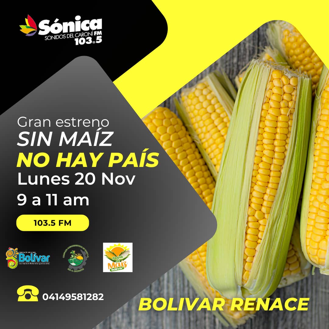 Sintoniza Sónica 103.5 FM este lunes 20 de noviembre de 9:00 AM a 11:00 AM con el ESTRENO de nuestro programa radial Sín Maíz no hay País donde estaremos hablando del Plan de Desarrollo AGROINDUSTRIAL para el estado Bolivar!
<a href="/NicolasMaduro/">Nicolás Maduro</a>
<a href="/amarcanopsuv/">Ángel Marcano</a>
#SoberaníaEsEsequibo