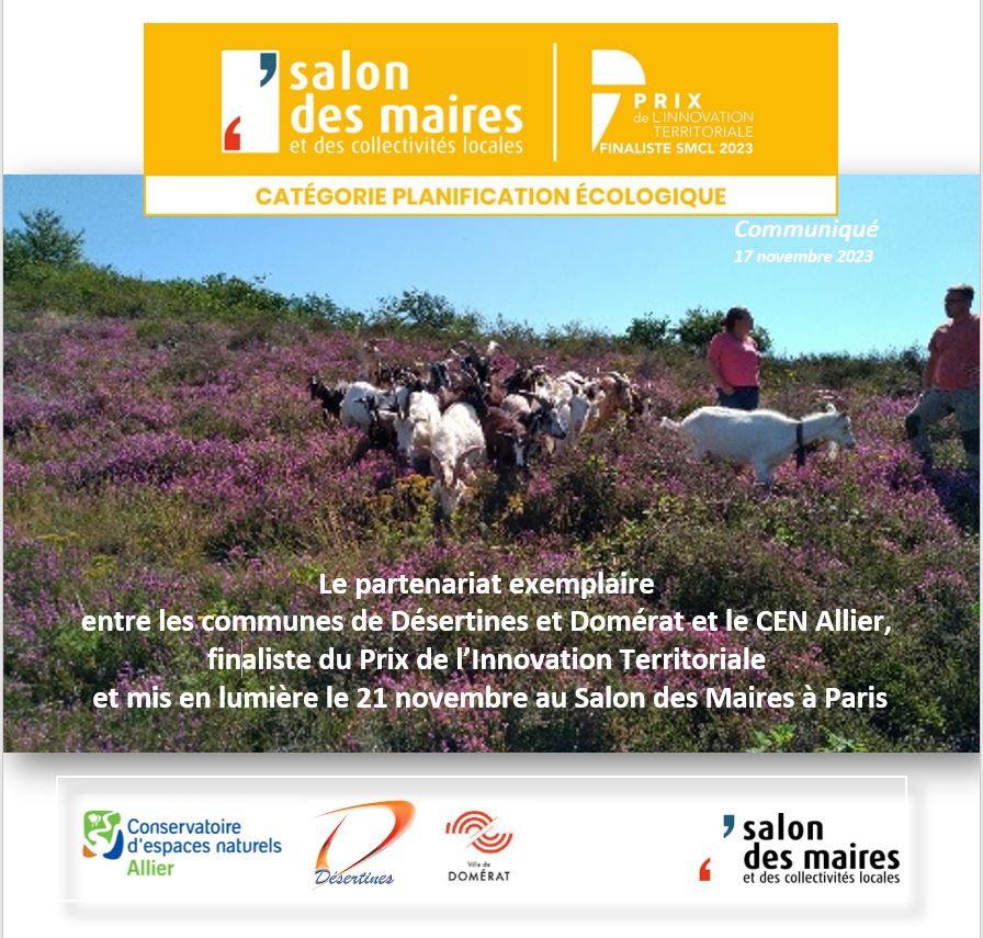 🏆 [Prix de l’Innovation Territoriale <a href="/salondesmaires/">Salon des Maires et des Collectivités</a> ] 
Le <a href="/RESEAU_CEN/">le réseau nature CEN</a> parmi les 28 finalistes ! 🥳
Le CEN <a href="/AllierCen/">CEN Allier</a> présentera le 21 nov à Paris le partenariat avec les communes de #Désertines et #Domérat pour la préservation de leurs patrimoines naturels communaux via les ORE