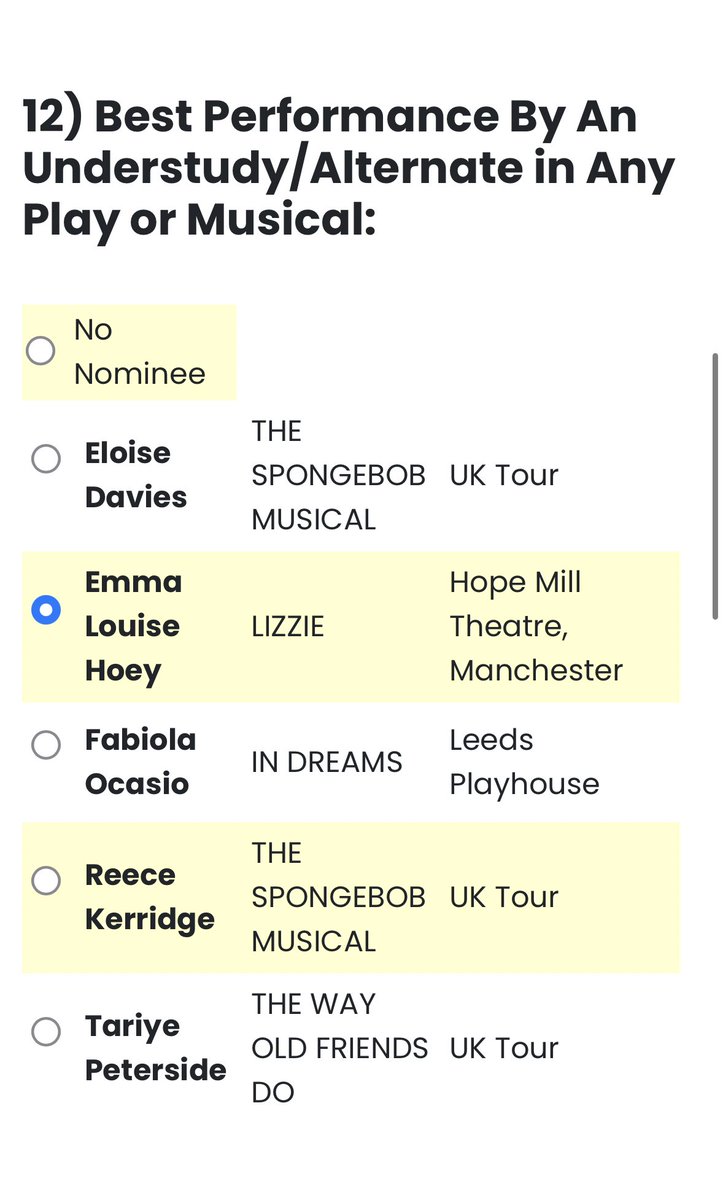 go vote for <a href="/EmmaLouiseHoey1/">Emma Louise Hoey</a> as best performance by understudy/alternate. Very deserved!!🌟

broadwayworld.com/westend/votere…