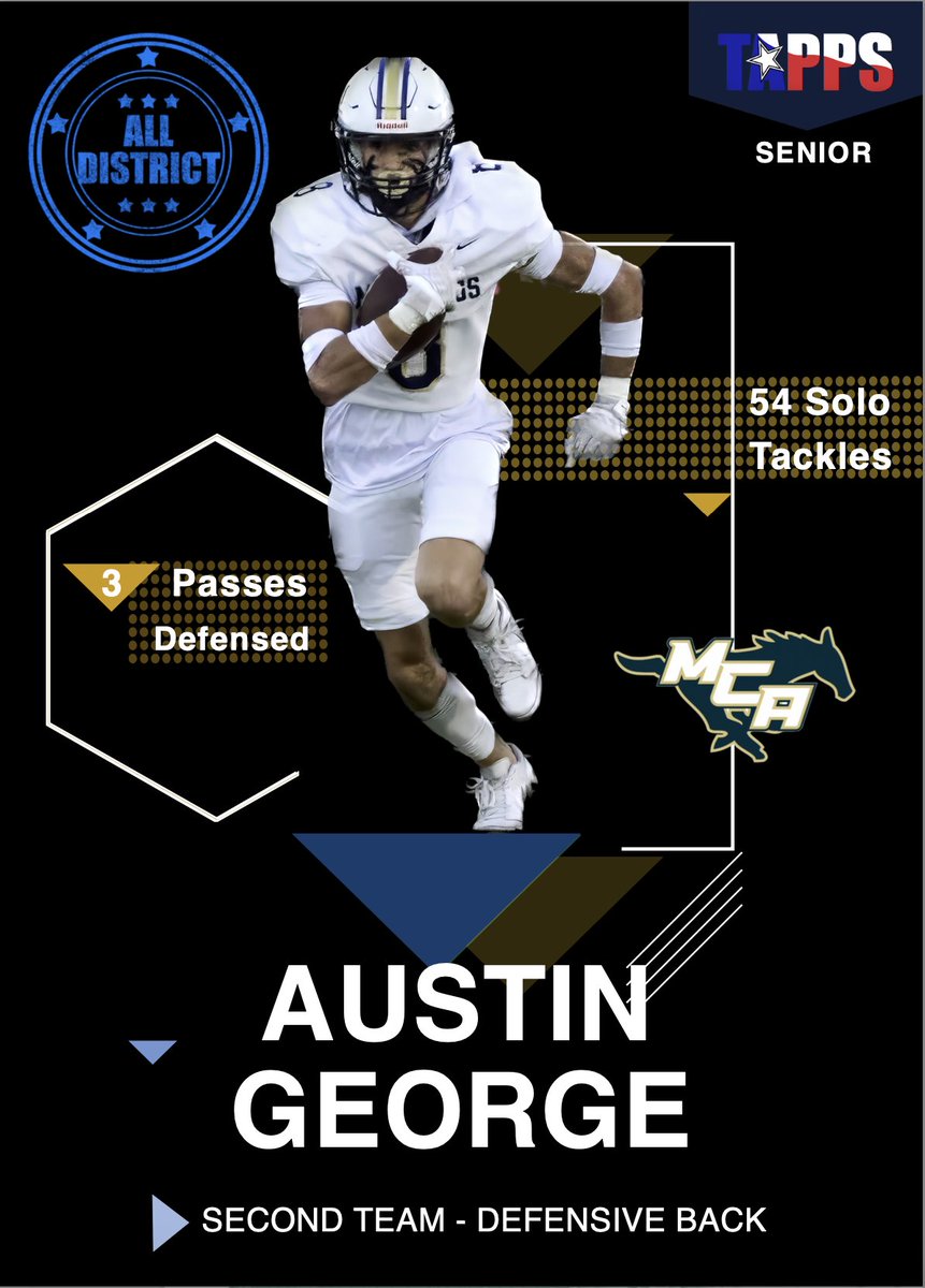 MCA Mustang Football (@mcamustangfb) on Twitter photo We feature Austin George today in our first of two Tweets for his 2nd Team Defensive Back All District selection. The second tweet will be his key highlights 2nd on the team in Solo tackles in 2023! <a href="/austinrgeorge_/">Austin George</a> We feature Austin George today in our first of two Tweets for his 2nd Team Defensive Back All District selection. The second tweet will be his key highlights 2nd on the team in Solo tackles in 2023! <a href="/austinrgeorge_/">Austin George</a>