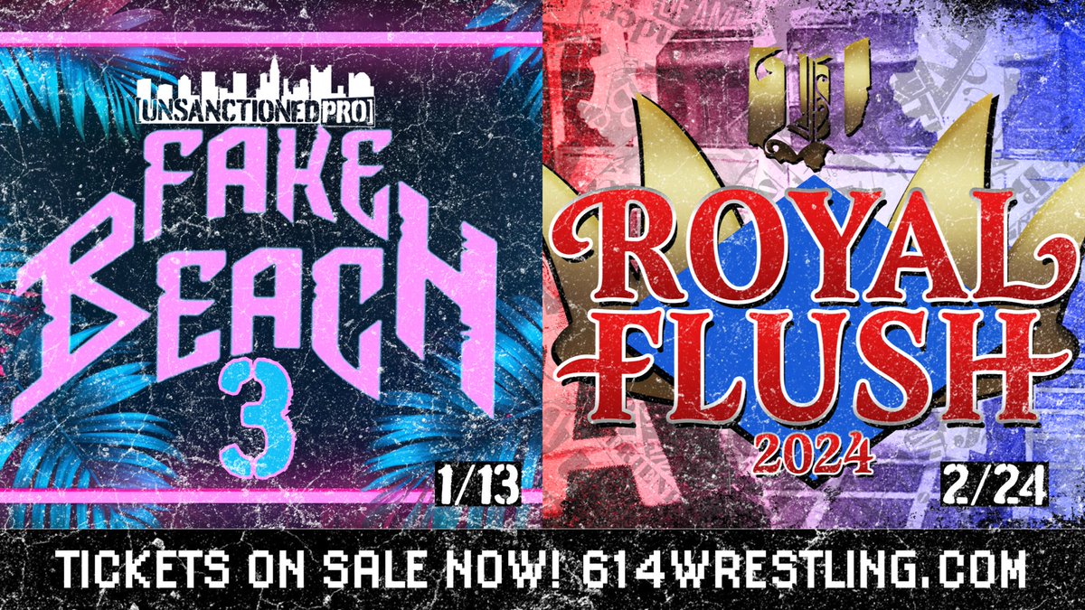 🚨TICKETS ON SALE NOW🚨 We’re kicking off 2024 with a pop-up show before GCW, and coming back just one month later for Royal Flush! 🏝️ 1/13 @ 3:30PM 👑 2/24 @ 7:00PM 📍 Columbus, OH Talent announcements for Fake Beach 3 begin next week. Link in replies!