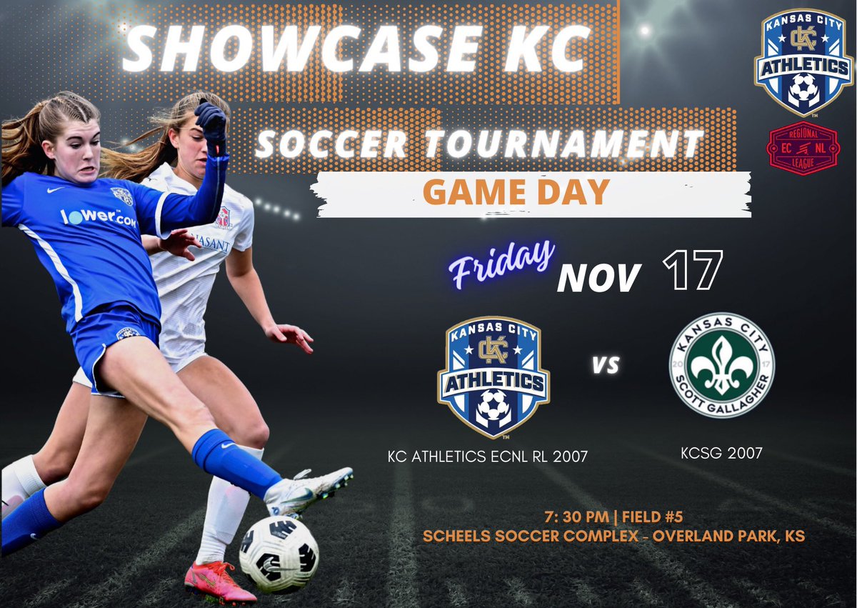 🔥 Excitement is in the air! ⚽ 
Join us for Friday night lights as we face off against KCSG for game 1 of Showcase KC!🌟 
See you there! #GameDay #SoccerShowdown 

<a href="/AthleticsKC/">KC Athletics Soccer Club</a> 
<a href="/ECNLgirls/">ECNL Girls</a> <a href="/Thesoccerwire/">SoccerWire</a> <a href="/TopDrawerSoccer/">TopDrawerSoccer</a> <a href="/PrepSoccer/">Prep Soccer ⚽️</a>
<a href="/ImCollegeSoccer/">College Soccer Truth ™</a> <a href="/ImYouthSoccer/">ECNL/GA/Recruiting/College Soccer</a> <a href="/HSSoccerKC/">SoccerKC</a>