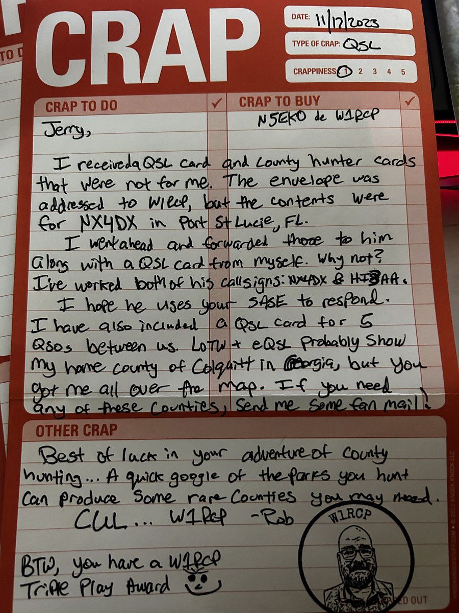 Robbie_W1RCP's tweet photo. N5EKO is in for a nice letter. Unfortunately he stuffed the wrong QSL card and county confirmations into the right envelope. I fixed it for him and offered a little bait on his QSL card. Let’s see if he bites. #POTA #QSL #mail #iProcrastinate #hamr #hamRadio https://t.co/z2d6jcrpqb