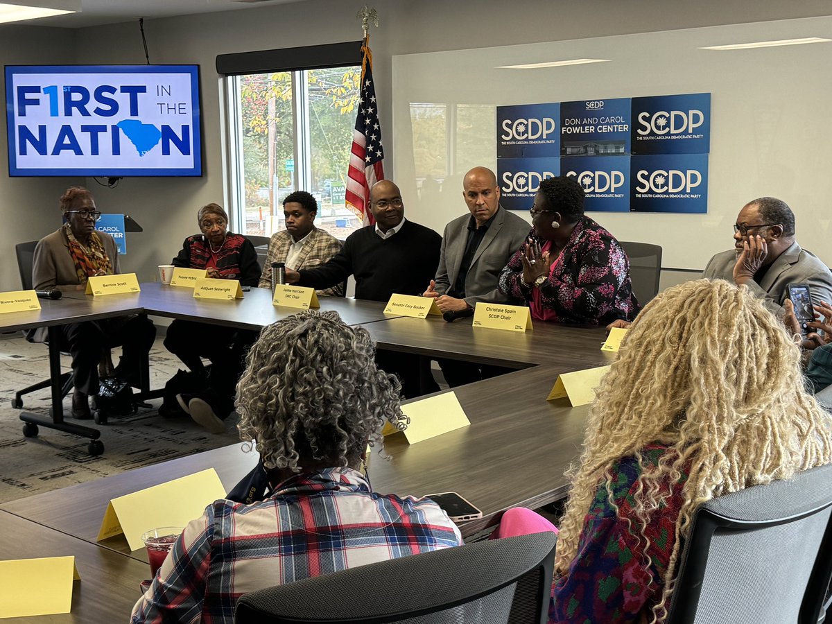 scdp's tweet photo. THIS MORNING: Senator @CoryBooker is in town with SCDP Chair @cspain1920 and DNC Chair @harrisonjaime sharing the accomplishments of the Biden-Harris administration and discussing the issues that matter most to South Carolinians. #TheRealFITN https://t.co/w1RRGxvkl1