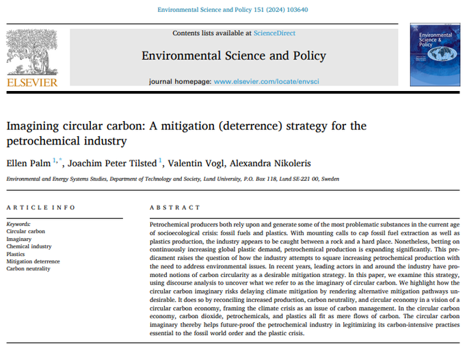 Joachim Peter Tilsted (@jptilsted) on Twitter photo โจNEW paper out in Environmental Science and Policy with amazing author team <a href="/ellenmartapalm/">Ellen Palm</a>, <a href="/valenvogl/">Valentin Vogl</a> and Alexandra Nikoleris โจ
We trace ideas of circular carbon in the chemical industry and discuss how they risk leading to mitigation deterrence
๐งต1/11 โจNEW paper out in Environmental Science and Policy with amazing author team <a href="/ellenmartapalm/">Ellen Palm</a>, <a href="/valenvogl/">Valentin Vogl</a> and Alexandra Nikoleris โจ
We trace ideas of circular carbon in the chemical industry and discuss how they risk leading to mitigation deterrence
๐งต1/11