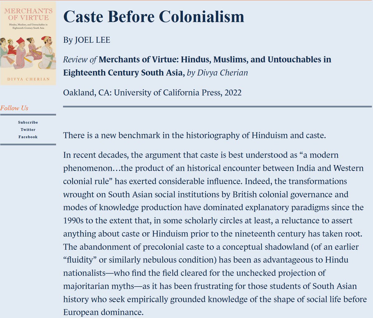 Simon Stern (@arsscripta) on Twitter photo out today in <a href="/TheNewRambler/">The New Rambler</a> Joel Lee, Caste Before Colonialism, review of Merchants of Virtue: Hindus, Muslims, and Untouchables in Eighteenth Century South Asia, by Divya Cherian newramblerreview.com/book-reviews/h… out today in <a href="/TheNewRambler/">The New Rambler</a> Joel Lee, Caste Before Colonialism, review of Merchants of Virtue: Hindus, Muslims, and Untouchables in Eighteenth Century South Asia, by Divya Cherian newramblerreview.com/book-reviews/h…