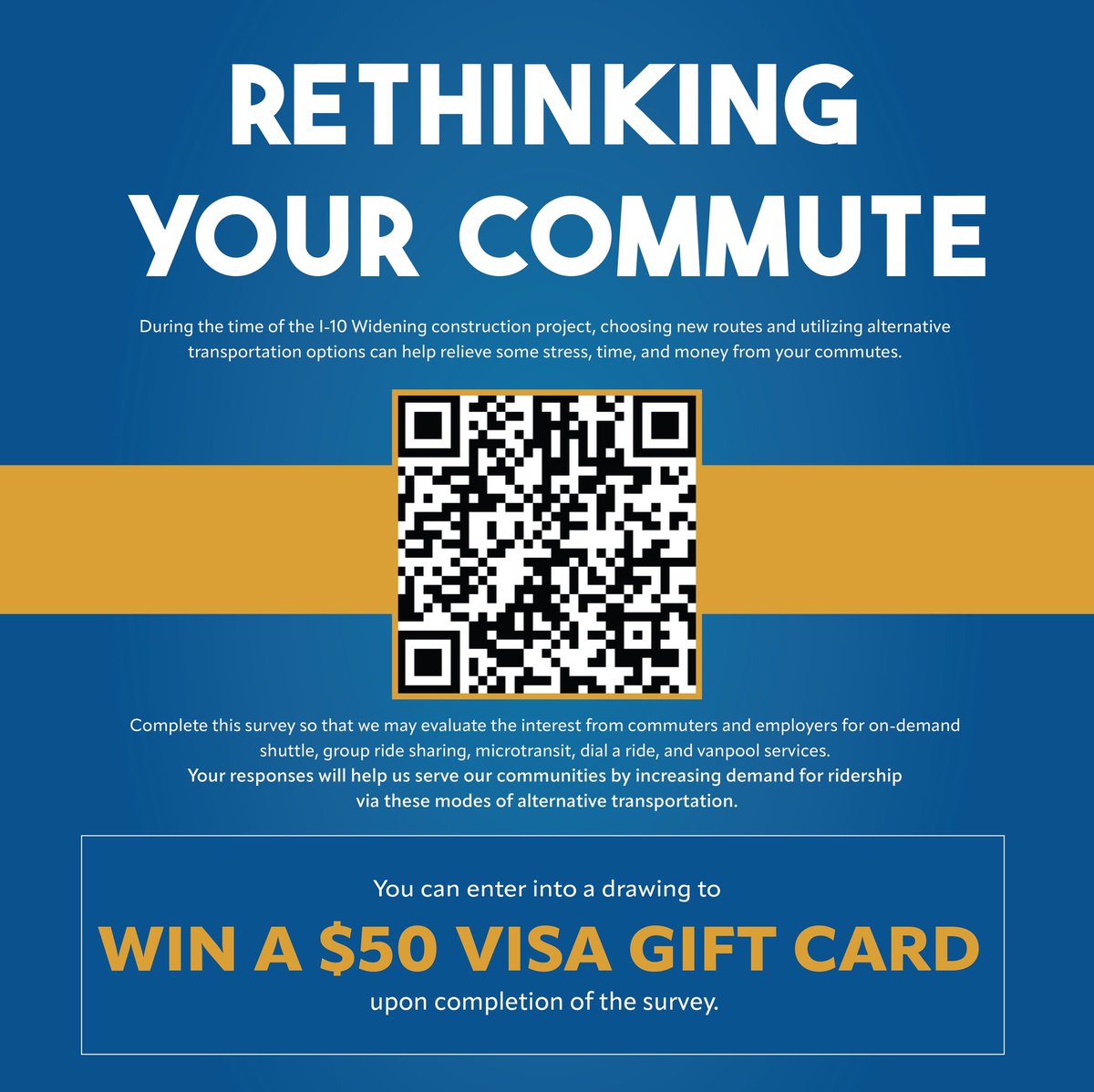 CRPCLA's tweet photo. Rethinking Your Commute!! Please share your thoughts with us by completing this short survey so that we may gain insight on your current travel patterns. In return your name will be entered into a drawing for a $50 gift card reward.

https://t.co/4NAPoCPFbe… https://t.co/g3kvjxdwEd