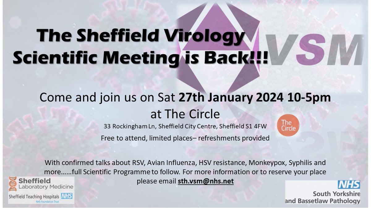 Our annual Virology Scientific Meeting organised by Virology in the Lab Med.🔬 Back after COVDIS restrictions, hope to see you there on 27th Jan. 🧪🥼
