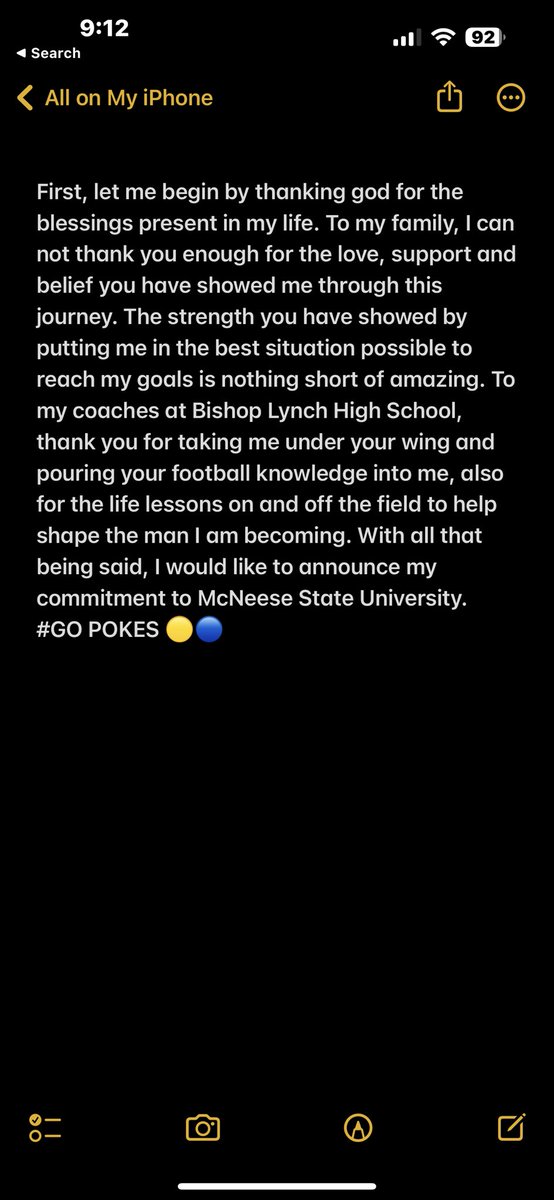 luis_moreno2024's tweet photo. After many conversations with family and friends I’ve decided to commit to McNeese State #geauxpokes🟡🔵
@CoachGGoff @CoachAllgood @neugs1288 @BMFMoats @BSublet @CoachMillerick @BlueChipOL @big4_areason @RoderickSmithII @blathletics https://t.co/TUUJ7idO7K