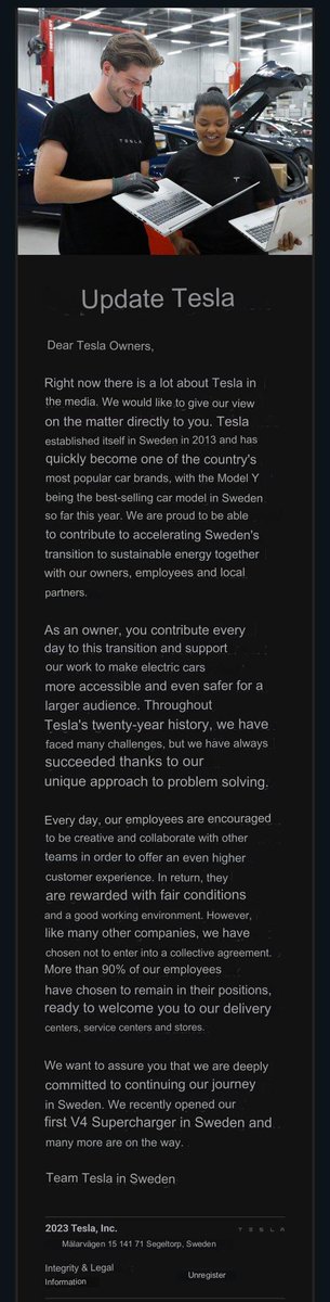 NEWS: Tesla has released a statement on the Swedish strike situation. 'Like many other companies, we have chosen not to enter into a collective agreement. More than 90% of our employees have chosen to remain in their positions, ready to welcome you to our delivery centers,…