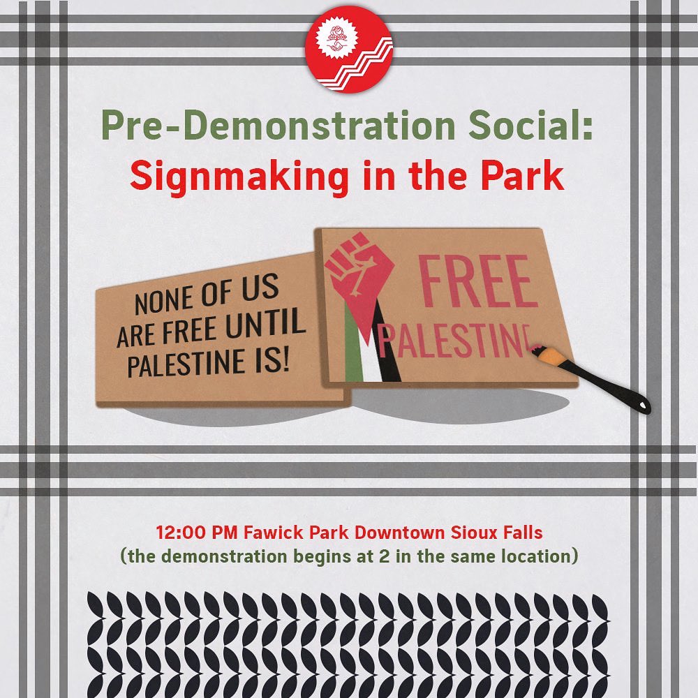 Join us before the demonstration on Sunday for a signmaking social 😌 bring a poster and whatever supplies you have - we will provide some as well. Exercise your creativity and get to know some comrades before the speakers arrive. We’ll see you there! :) 🇵🇸