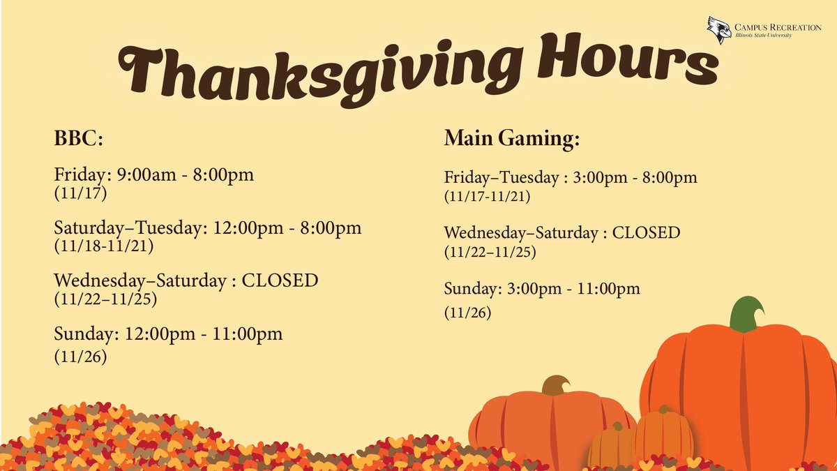 Redbird_Rec's tweet photo. Happy Thanksgiving Break to you all, #Recbirds! The Student Fitness Center, as well as the Bowling and Billiards Center, will have adjusted hours for this upcoming week. (11/18 - 11/26) Have a fantastic break! https://t.co/VrfVbLqiMk