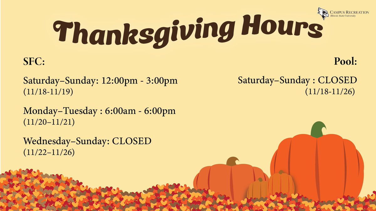 Redbird_Rec's tweet photo. Happy Thanksgiving Break to you all, #Recbirds! The Student Fitness Center, as well as the Bowling and Billiards Center, will have adjusted hours for this upcoming week. (11/18 - 11/26) Have a fantastic break! https://t.co/VrfVbLqiMk